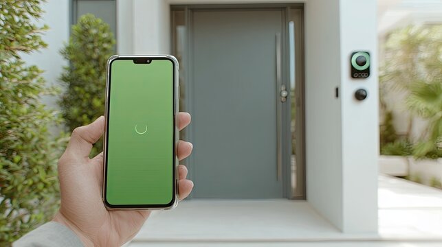 Smartphone displaying loading screen near modern home exterior