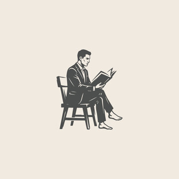 Man in Suit Reading Book Illustration Vintage Style