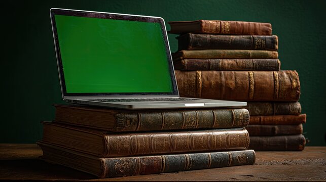 Laptop with green screen sits atop aged books