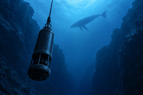 Underwater hydrophone in deep blue canyon with whale silhouette, ocean research concept