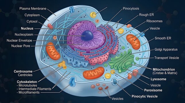 Educational diagram of an animal cell with detailed organelle labels