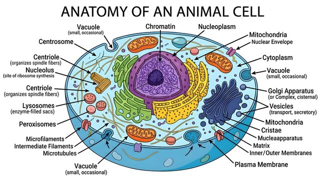 Educational diagram of an animal cell anatomy with labeled organelles
