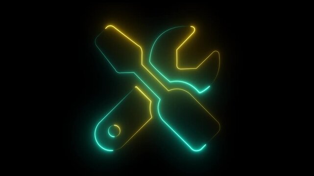 glowing neon red color setting animation icon circle animated on black background. Repair and maintenance symbol for technology, software and service. 4k video