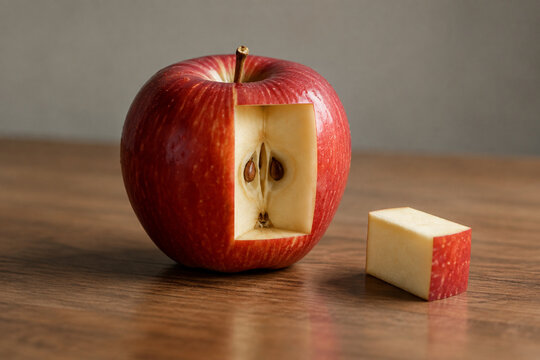 A red apple on a wooden table with a rectangular piece removed.
