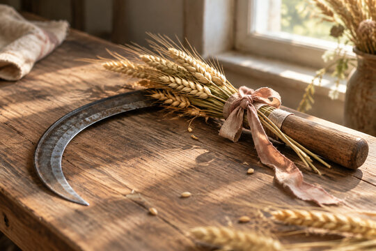 Wooden sickle with fresh wheat stalks and a faded ribbon on rustic wood.