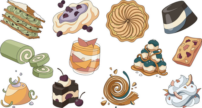 Gourmet Pastry and Sweet Dessert Icon Set with Matcha Swiss Roll, Mille Feuille, Fruit Tart, Chocolate Cake, and Whipped Cream Treats Vector