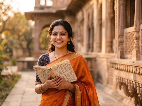 A smiling young South Asian woman wearing a traditional orange saree holds an open book while standing outdoors near a historic stone building during daytime with warm sunlight casting gentle
