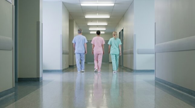 Three nurses walk down a long brightly lit hospital corridor