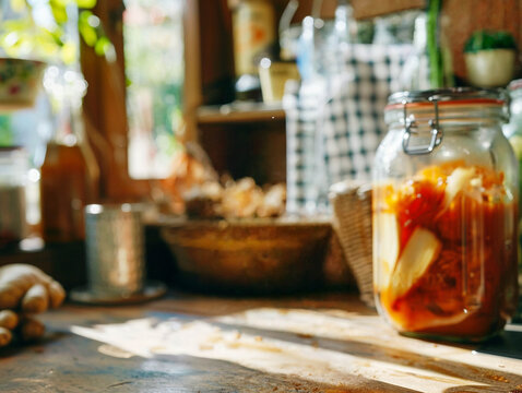 Sunlit Kitchen Counter with Fermented Fruits and Glass Jars