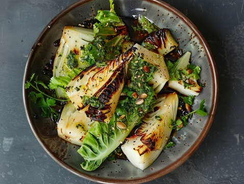 Charred Cabbage Wedges with Herbs Seeds and Savory Sauce