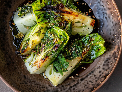 Charred Bok Choy with Sesame Seeds and Savory Asian Style Sauce
