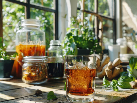 Amber Kombucha Mocktail with Fermentation Jars in Sunlit Kitchen