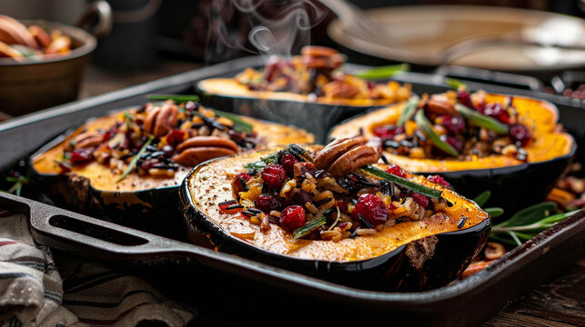 Wild Rice Cranberry and Pecan Stuffed Acorn Squash for Autumn Dinner
