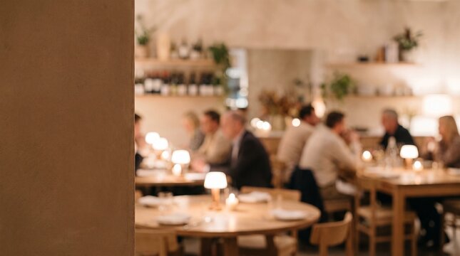Restaurant interior with blurred diners seated at wooden tables warm lighting