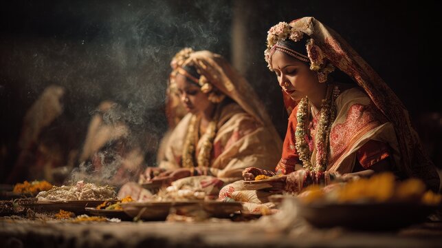 Indian women in ornate festive clothing participating in rituals.