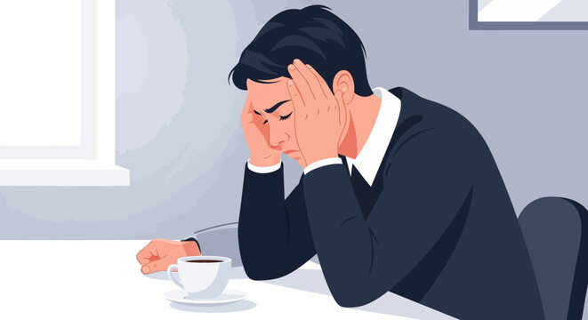 Overworked Businessman Experiencing Stress And Exhaustion At His Desk