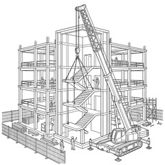 Fototapeta premium Building Construction Site Line Art with Mobile Crane and Workers Architecture Illustration