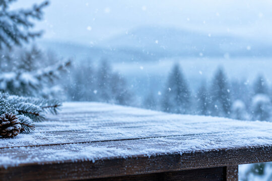 A frosted wooden table with delicate snowflakes, evoking a serene winter atmosphere.