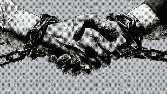 Two hands clasped in a handshake, bound by heavy chains, symbolizing a difficult or constrained agreement , AI generative