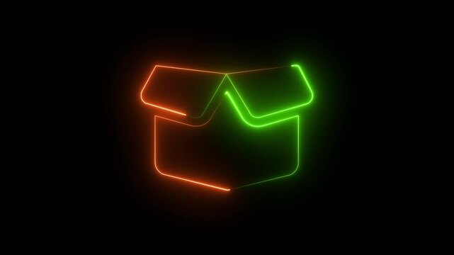 Neon glowing open box animation with pulsing red and cyan light lines on black background, package