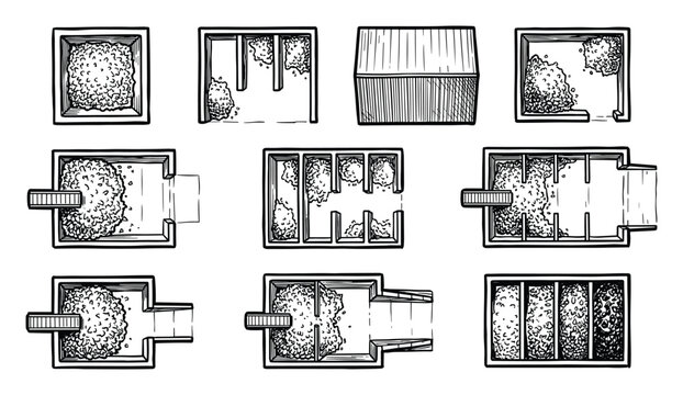 Architectural floor plan symbols of room layouts with interior debris and walls