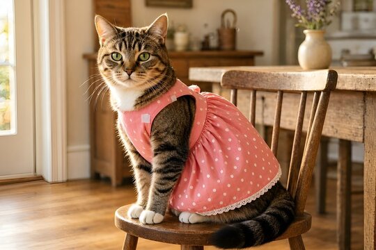 Sweet Adorable Princess Tabby Cat in Pink Summer Skirt Dress with Polka Dots & Lace. Romantic. Checkered Floral T-shirts Sweater Clothes. Adopted. Dog Envy. Adopt Miss Meow. Wear it Wednesday. Sewing.