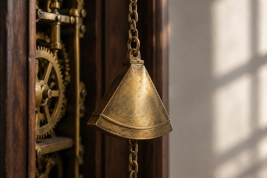 Close-up of a brass sector-shaped counterweight on a chain inside an antique clock.