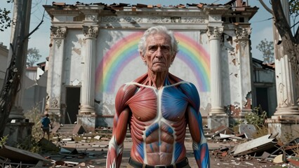 Obraz premium Anatomical Human Figure with Split Color Muscles Against Ruined Classical Building