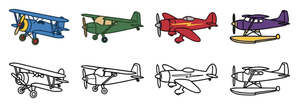 Colored and outline airplanes collection containing biplane monoplane and floatplane