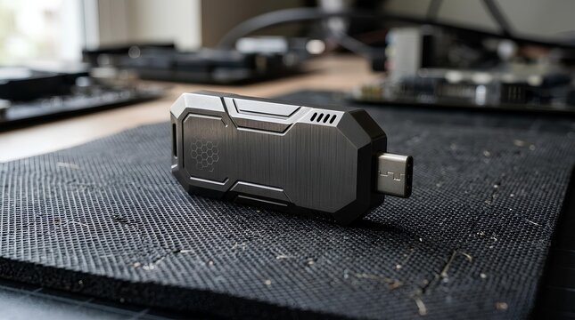 Durable black rugged USB flash drive on desk.