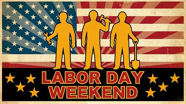 Labor Day weekend celebration graphic with construction worker silhouettes