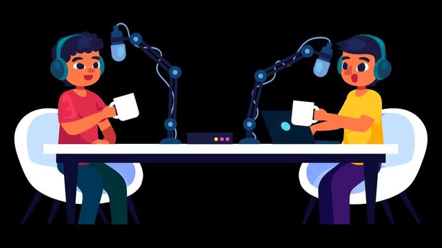 Animated Podcasters Recording Interview in Studio 4K