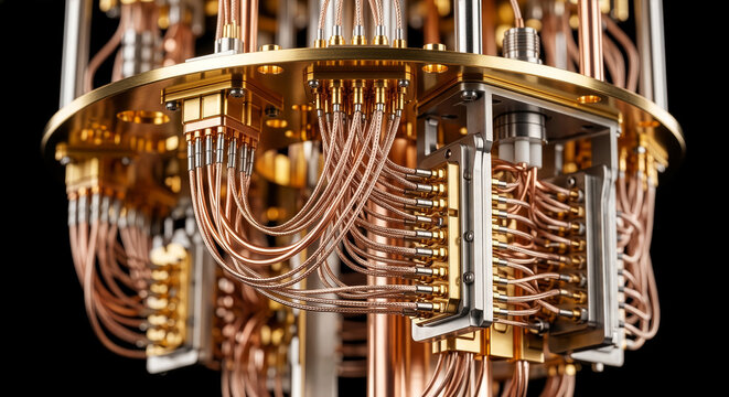 次世代の量子コンピューター内部の精密な金メッキ配線と超伝導回路 最先端科学技術と未来の高度情報処理ハードウェアのイメージ