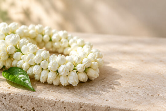 White jasmine garland coiled on stone with leaf, purity and tradition concept