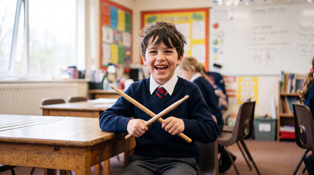Happy school boy holding drumsticks in classroom