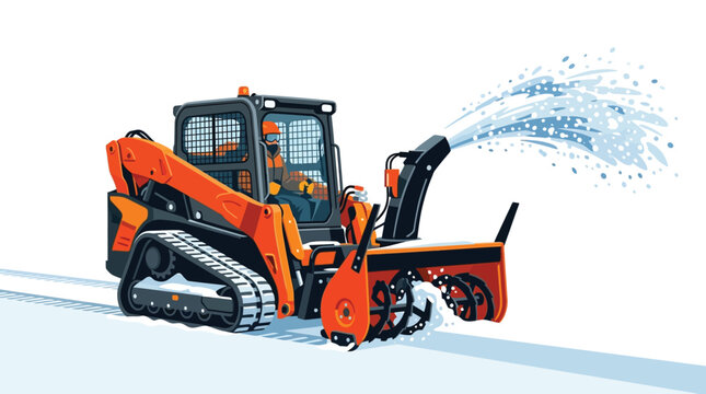 Orange Tracked Skid Steer Loader with Snow Blower Clearing Winter Path Illustration