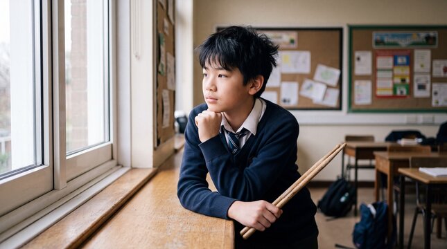 Pensive Asian boy student holding drumsticks looking out classroom window