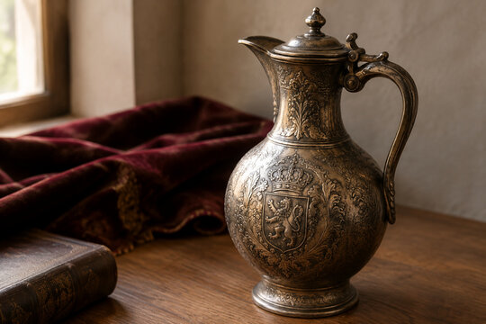 Ornate engraved metal flagon on wooden surface, heritage craftsmanship concept.