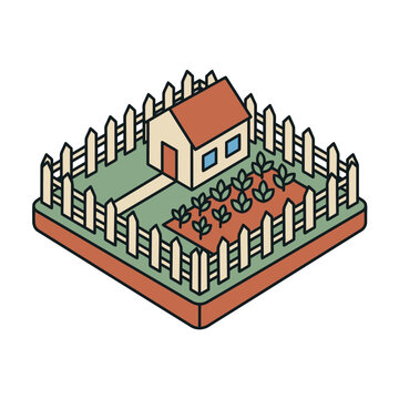 Isometric view of a small house with garden and wooden fence in a backyard