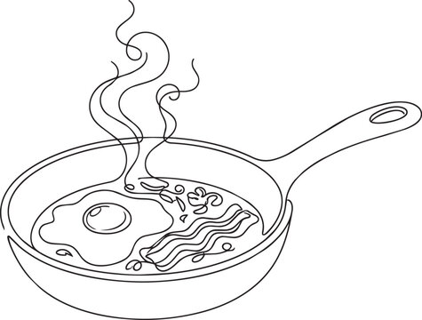 Continuous single line of a frying pan with a fried egg and bacon strips with steam rising on a white background, for breakfast