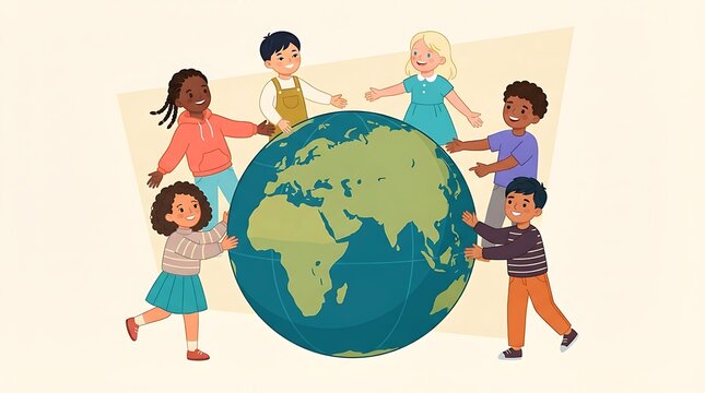 Diverse children holding hands around a globe illustration