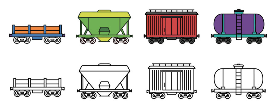 Freight train car set with hopper gondola boxcar and tanker truck illustration