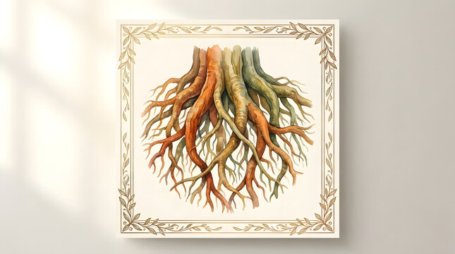 Botanical vintage root system illustration within a square decorative border.