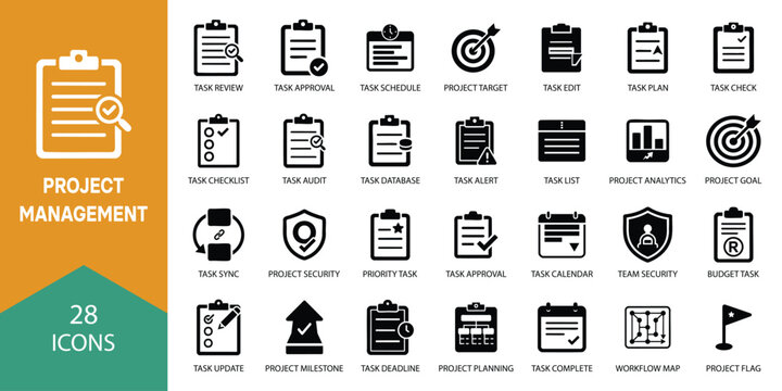 Agile project management and business workflow solid icon set. Features symbols for Kanban Planning, Sprint Progress, and Bottleneck Risk. Vector icons for scrum dashboards and strategy.