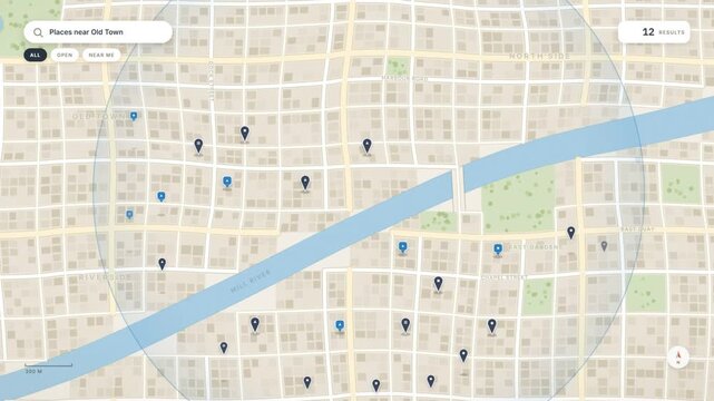 Map place search dropping location pins near an old town then routing to a selected venue