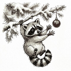 Fototapeta premium A cute baby raccoon dangles playfully from a snow covered pine tree branch reaching for an ornament with reaching hanging decorative