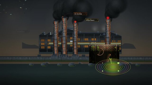 2D animation illustrating corporate greenwashing concept where a deceptive pure nature billboard hides a highly polluting industrial factory emitting toxic smoke and petrochemical waste