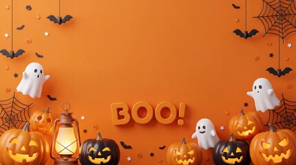 Fototapeta premium Festive halloween background featuring cute white ghosts carved jack o lanterns and hanging bats on orange backdrop