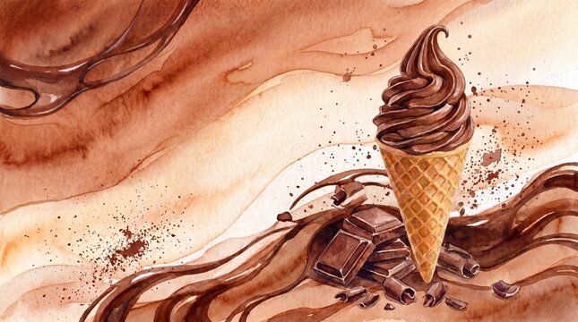Watercolor chocolate soft serve ice cream cone with chocolate chunks