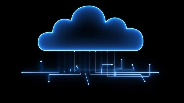 Futuristic neon glowing cloud with digital circuit connections, representing carbon emission data, technology, climate change, environmental monitoring and cloud computing concept HD motion video